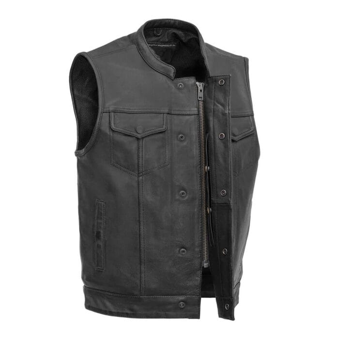 Mens Black Leather SOA Anarchy Outlaw Biker Vest - Image 2