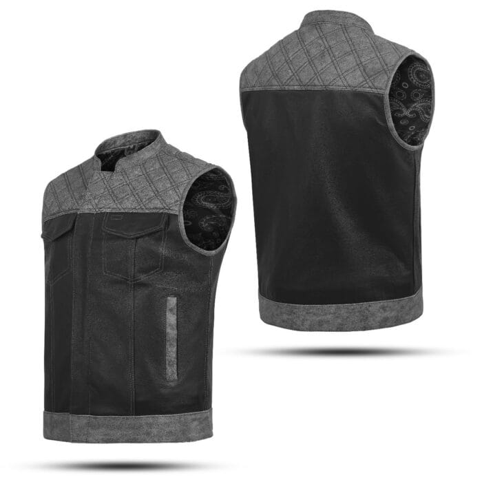 Diamond Stitch Black Suede Leather Motorcycle Vest - Image 2