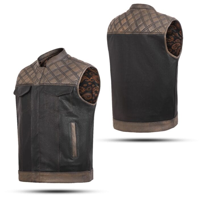 Men's Brown Leather Diamond Stitch Motorcycle Vest - Image 3