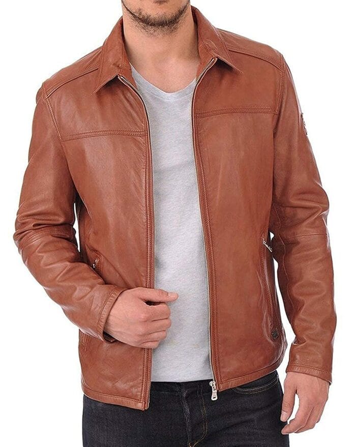 Men's Genuine Leather Solid Biker Style Casual Jacket - Image 2