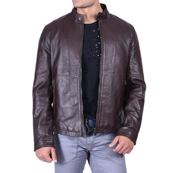 Men's Casual Wear Leather Jacket & Biker Jacket, Shiny Tough Brown & Black - Image 2