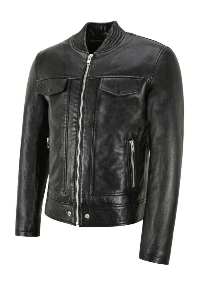 Men Bomber Leather Jacket Black Casual Tops Real Leather Jacket - Image 2