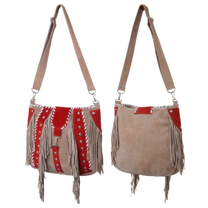 Ladies Red Suede Leather Western Style Handbag With Fringes and Studs - Image 3