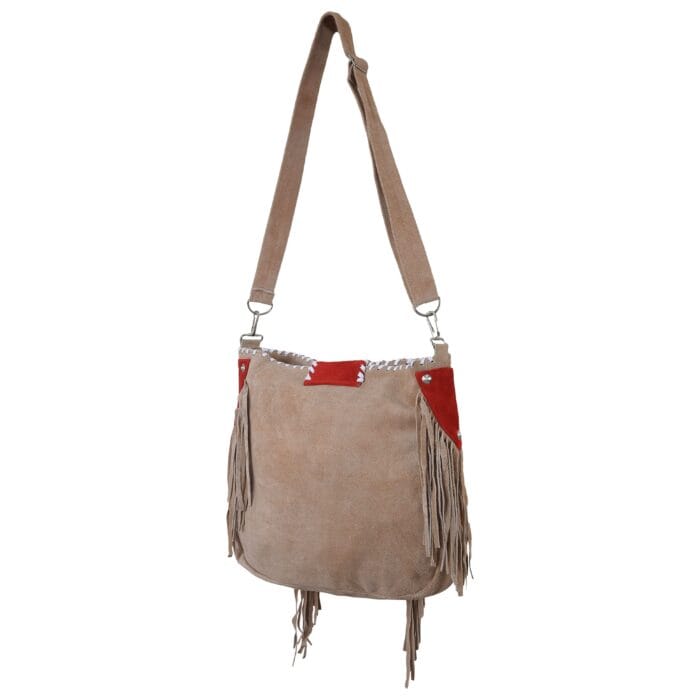 Ladies Red Suede Leather Western Style Handbag With Fringes and Studs - Image 2