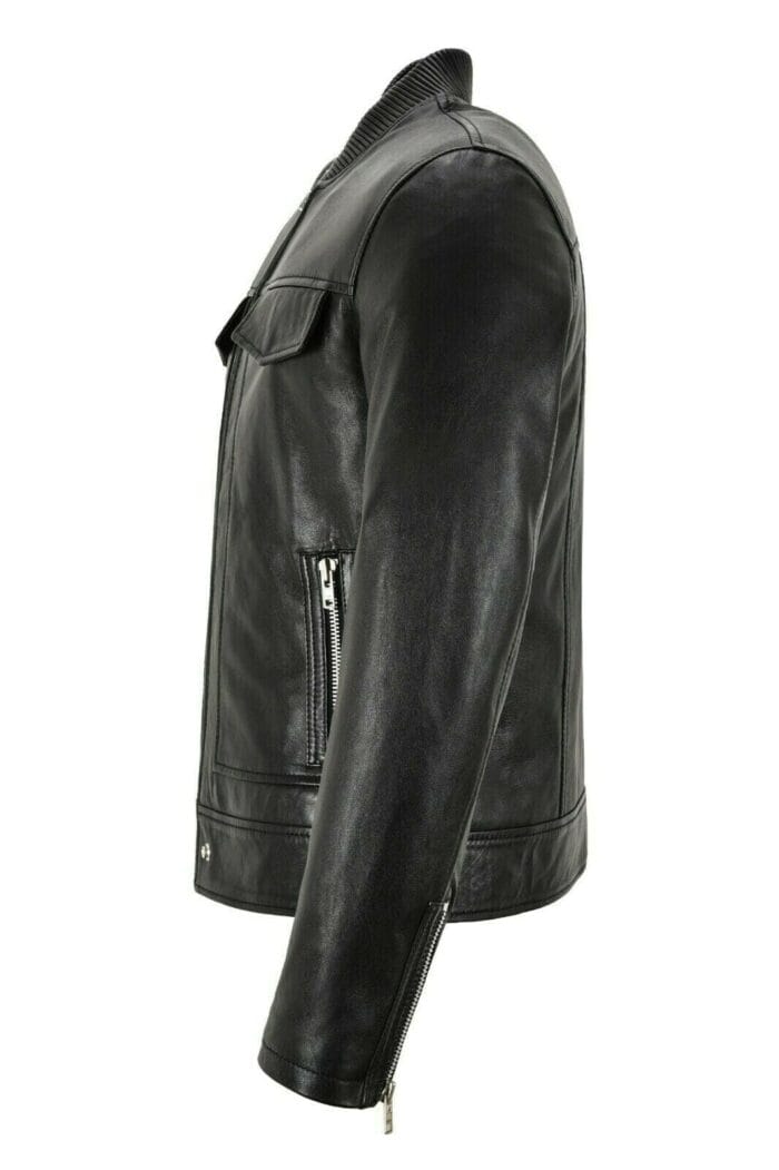 Men Bomber Leather Jacket Black Casual Tops Real Leather Jacket - Image 3