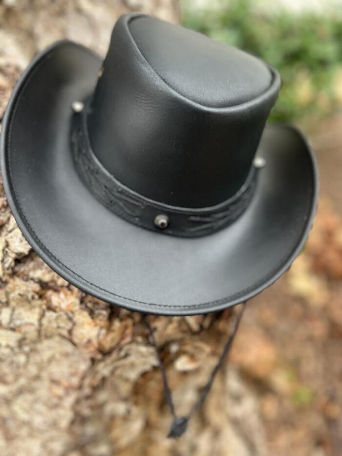 Braided Black Leather Cowboy Hat with Studs & Stampede Strap - Image 3