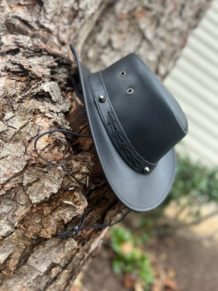 Braided Black Leather Cowboy Hat with Studs & Stampede Strap - Image 4