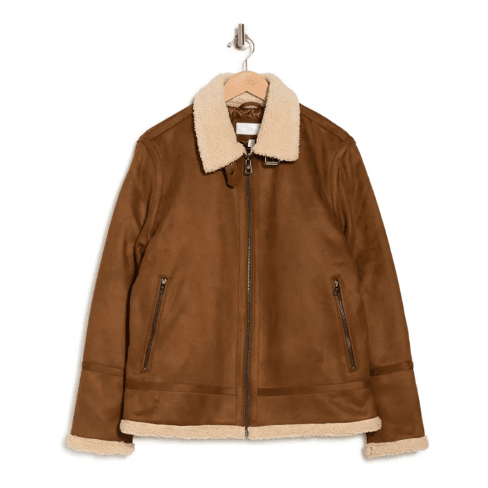 Mens Brown Leather Suede Shearling Jacket - Image 2