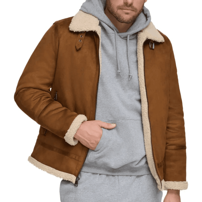 Mens Brown Leather Suede Shearling Jacket - Image 3