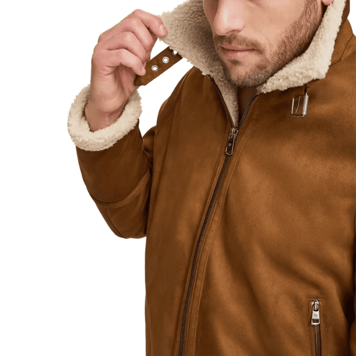 Mens Brown Leather Suede Shearling Jacket - Image 5