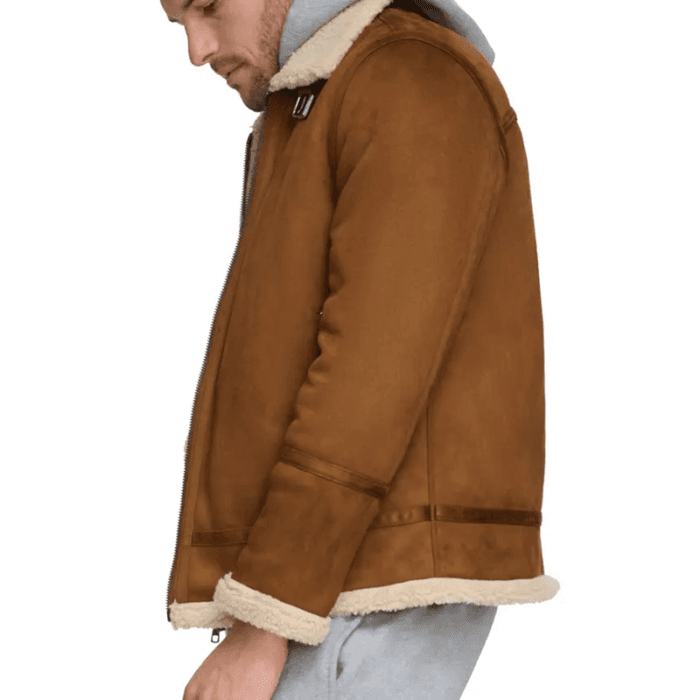 Mens Brown Leather Suede Shearling Jacket - Image 6