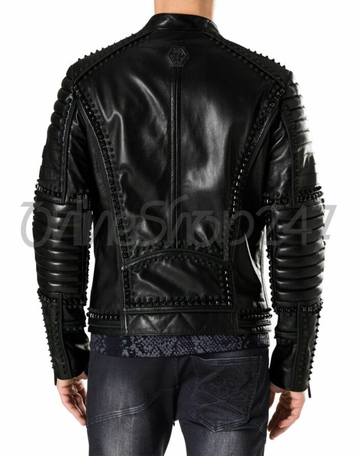 New Mens Philip Plein Black Punk Full Heavy Metal Spiked Studded Leather Jacket - Image 2