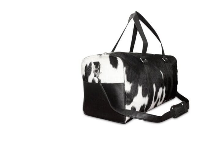 Natural Black and White Cowhide Print Genuine Leather Duffel Bag - Image 2