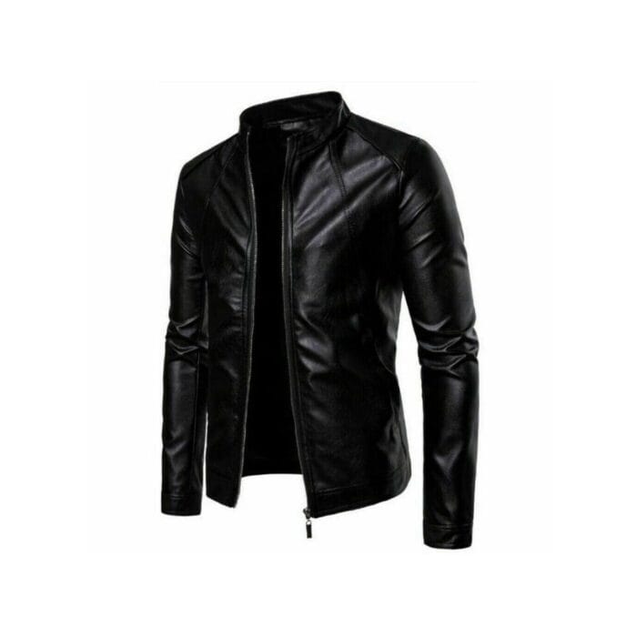 Men's Motorcycle Biker Leather Jacket Stand Collar Long sleeve Zipper Slim Fit - Image 2