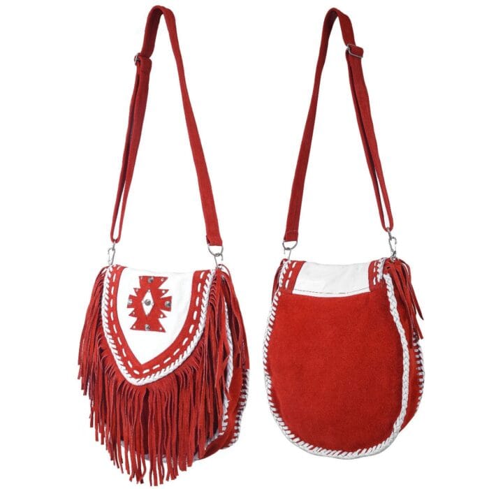 Ladies Red Suede Leather Western Style Handbag With Fringes and Studs - Image 3