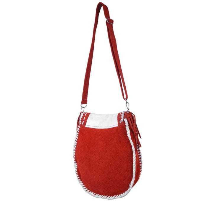 Ladies Red Suede Leather Western Style Handbag With Fringes and Studs - Image 2