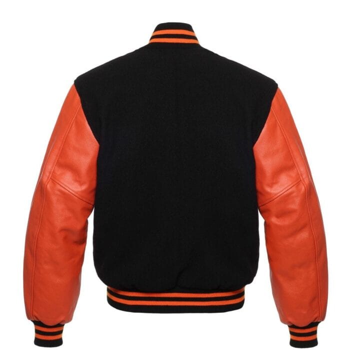 Men's Black Varsity Jacket Leather Sleeves - Orange - Image 2
