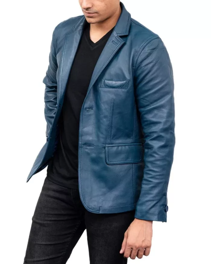 Men's Classic 2-Button Lambskin Leather Blazer - Blue - Image 2