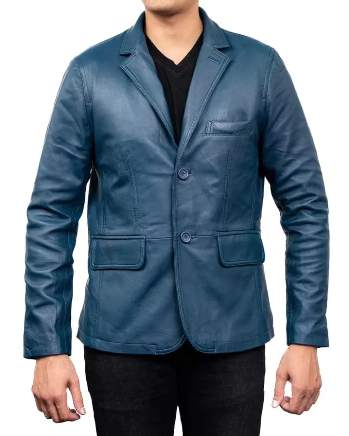 Men's Classic 2-Button Lambskin Leather Blazer - Blue - Image 4