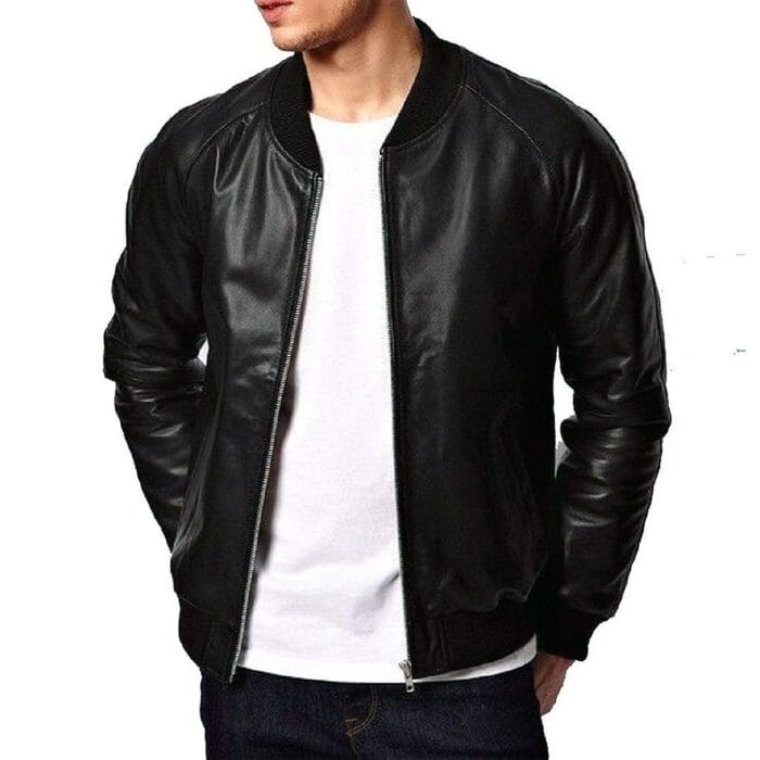 Men's Genuine Leather Plain One Panel Bomber Jacket - Image 2
