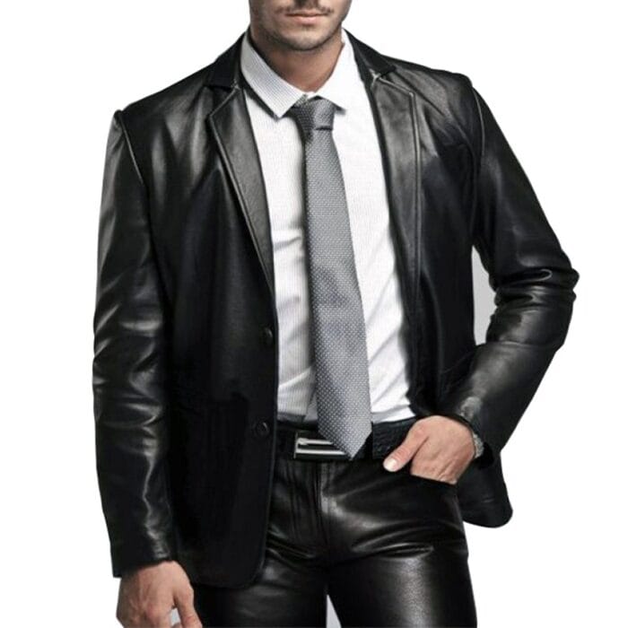 Men's Classic Genuine Leather Blazer Coat Jacket - BLACK - Image 4