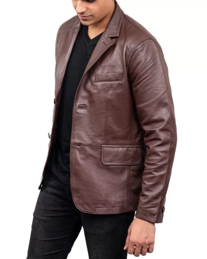 Men's Classic 2-Button Lambskin Leather Blazer - Dark Brown - Image 3