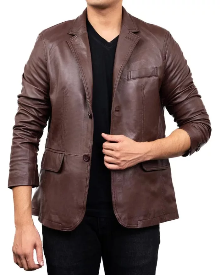 Men's Classic 2-Button Lambskin Leather Blazer - Dark Brown - Image 2