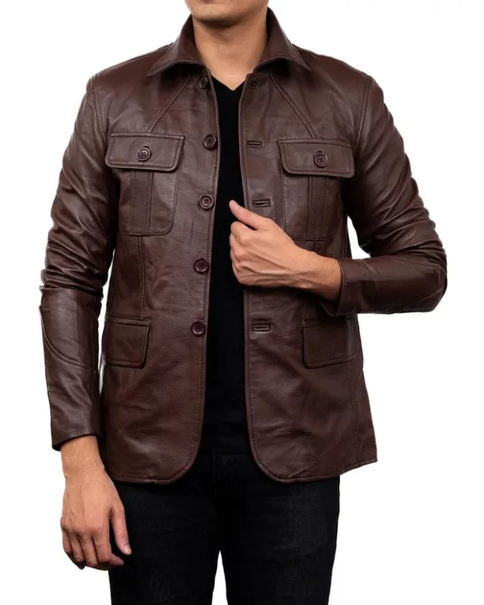 Men's 5 Button Blazer Coat Jacket Sheepskin Leather - Dark Brown - Image 4