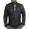 Men's Genuine Leather Moto Jacket with Full Striped Sleeves