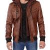 Men's Brown Lambskin Leather Jacket Bomber Style With Removable Hood