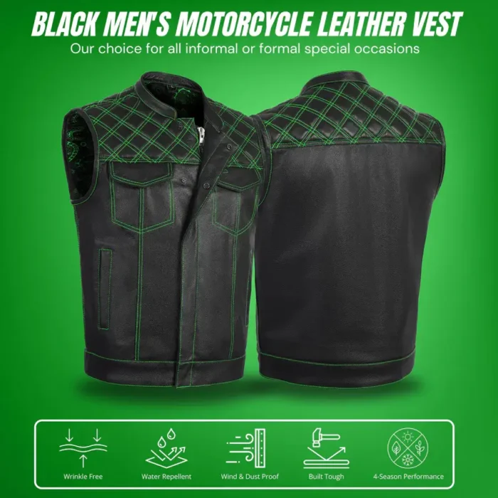 Men's Black Leather Vest w/ Green Diamond Stitch - Image 4