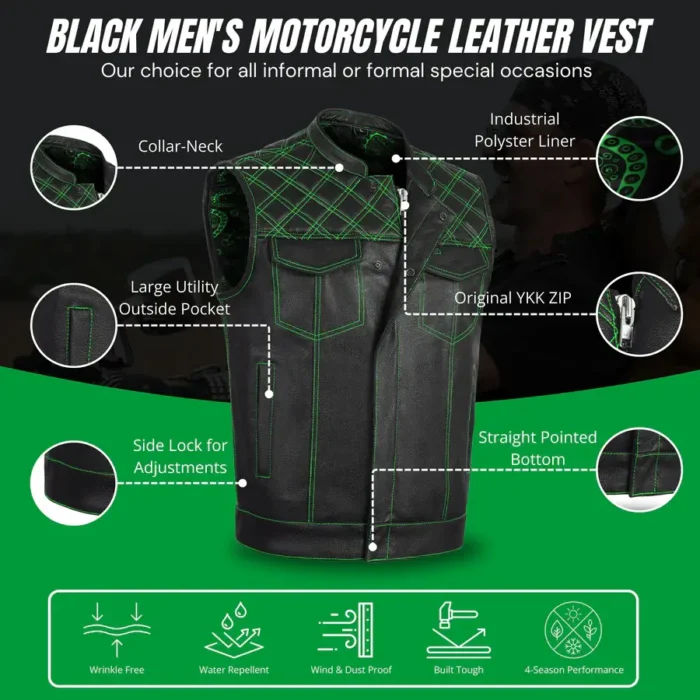 Men's Black Leather Vest w/ Green Diamond Stitch - Image 7