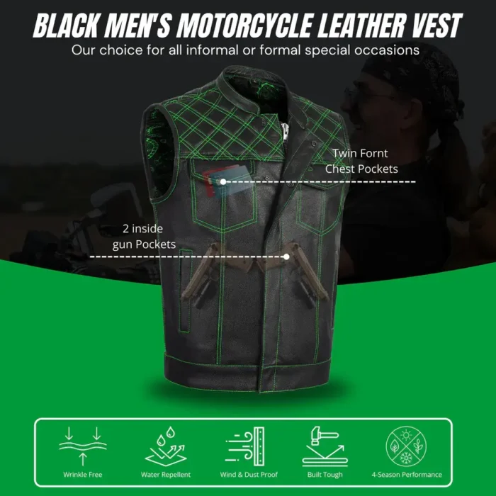 Men's Black Leather Vest w/ Green Diamond Stitch - Image 6