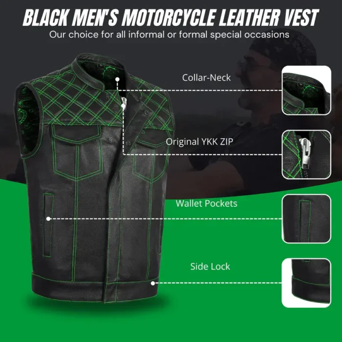 Men's Black Leather Vest w/ Green Diamond Stitch - Image 5