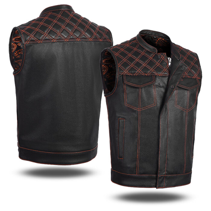 Men's Orange Diamond Stitch Leather Biker Vest - Image 3
