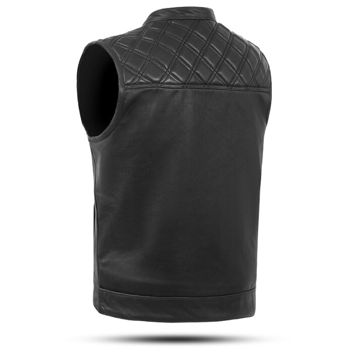 Men's Premium Black Leather Diamond Stitch Bike Riding Vest - Image 3