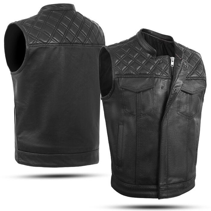 Men's Premium Black Leather Diamond Stitch Bike Riding Vest - Image 2
