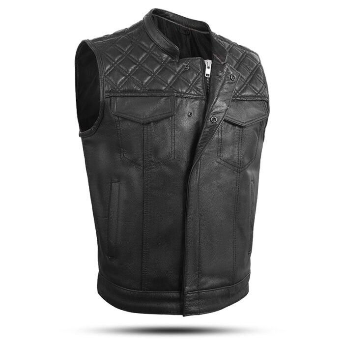 Men's Premium Black Leather Diamond Stitch Bike Riding Vest