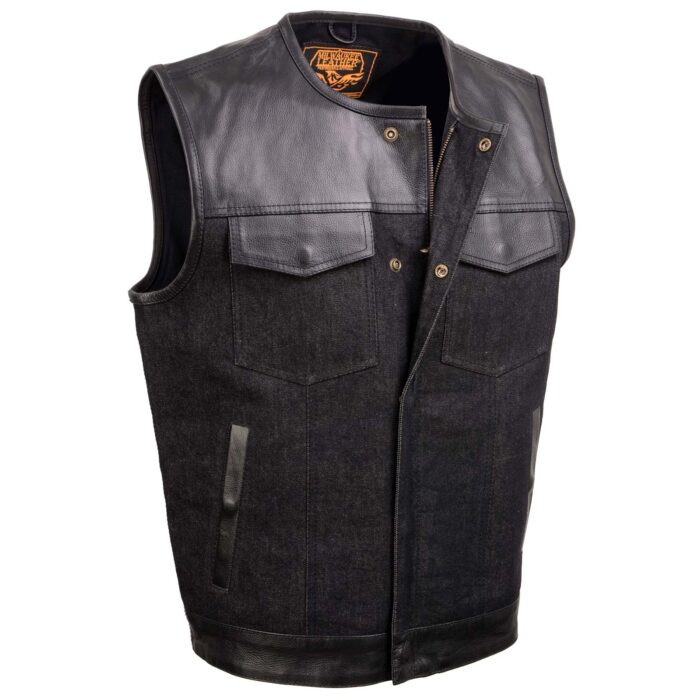 Men's Black Perforated Leather and Denim Combo Vest w/ Dual Hidden Closure - Image 5