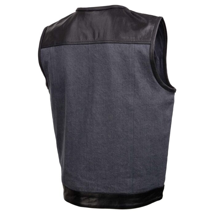 Men's Gray Perforated Leather and Denim Combo Vest w/ Dual Hidden Closure - Image 8