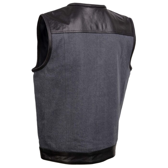 Men's Gray Perforated Leather and Denim Combo Vest w/ Dual Hidden Closure - Image 10