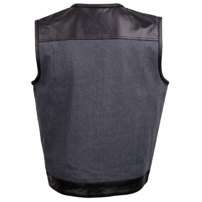 Men's Gray Perforated Leather and Denim Combo Vest w/ Dual Hidden Closure - Image 3