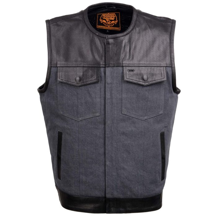 Men's Gray Perforated Leather and Denim Combo Vest w/ Dual Hidden Closure - Image 7