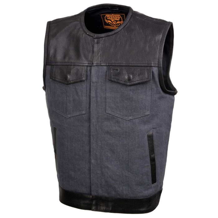 Men's Gray Perforated Leather and Denim Combo Vest w/ Dual Hidden Closure - Image 6
