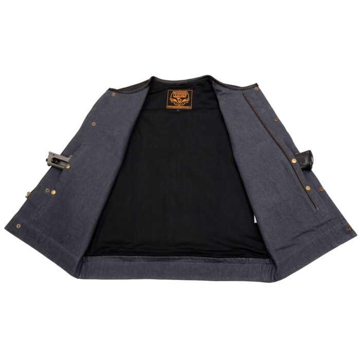 Men's Gray Perforated Leather and Denim Combo Vest w/ Dual Hidden Closure - Image 9