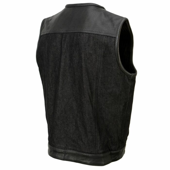 Men's Black Perforated Leather and Denim Combo Vest w/ Dual Hidden Closure - Image 4