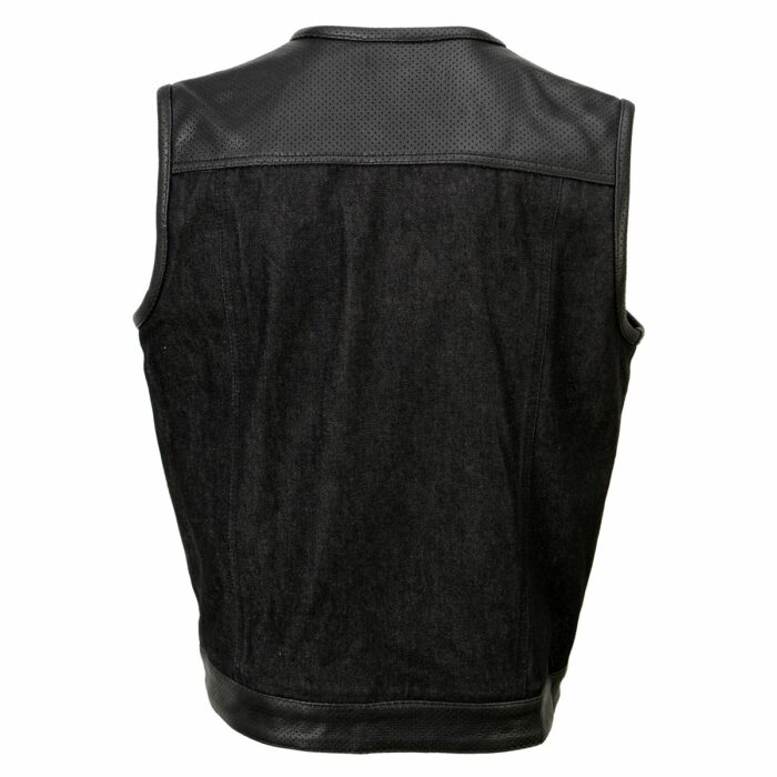Men's Black Perforated Leather and Denim Combo Vest w/ Dual Hidden Closure - Image 8