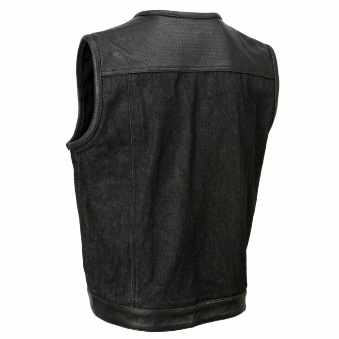 Men's Black Perforated Leather and Denim Combo Vest w/ Dual Hidden Closure - Image 6