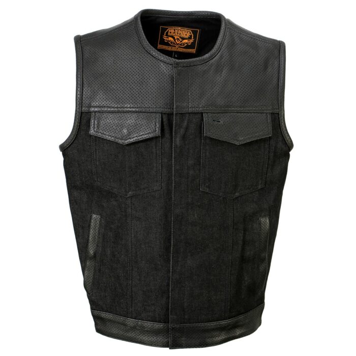 Men's Black Perforated Leather and Denim Combo Vest w/ Dual Hidden Closure - Image 9