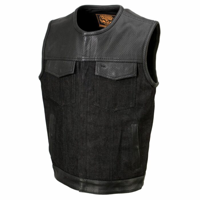 Men's Black Perforated Leather and Denim Combo Vest w/ Dual Hidden Closure - Image 7